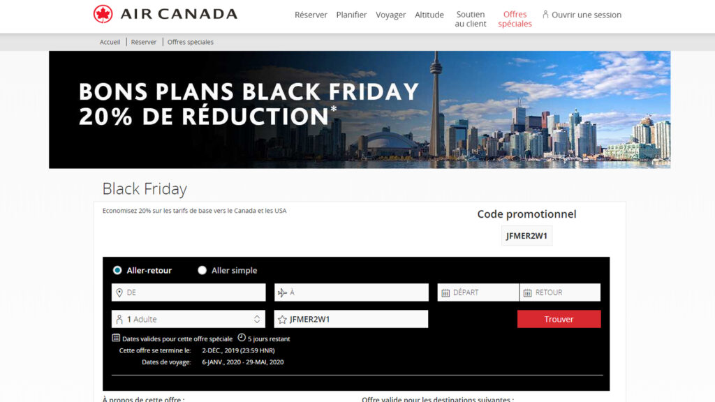 Capture d'écran du site de  Air Canada| Offres Black Friday  2019